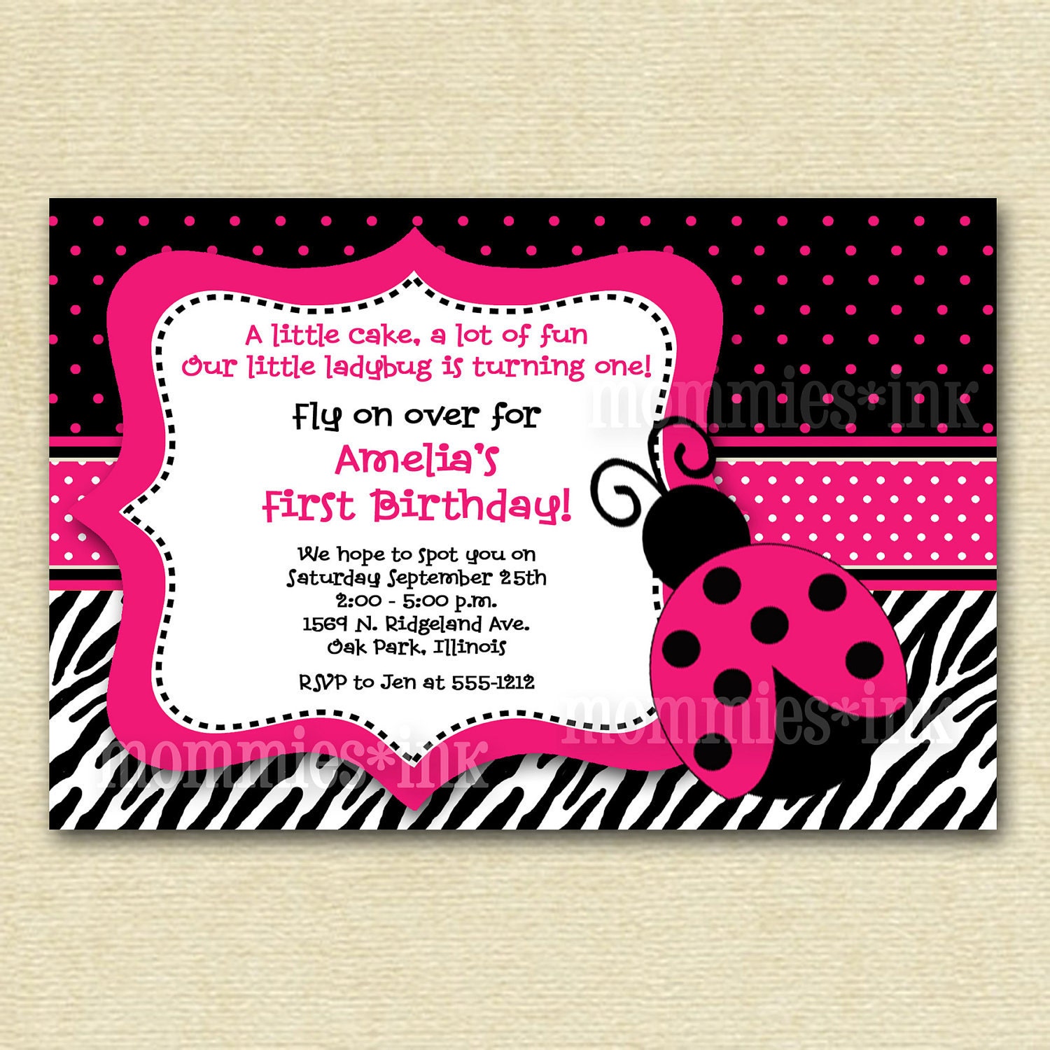 Pink Mod Ladybug - Custom Photo Birthday Invitation - PRINTABLE INVITATION DESIGN Il_570xn