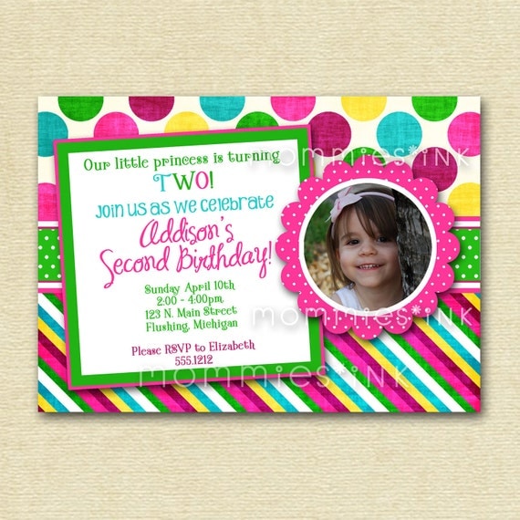 Bright Watermelon Dots and Stripes Photo Birthday Invite - PRINTABLE INVITATION DESIGN