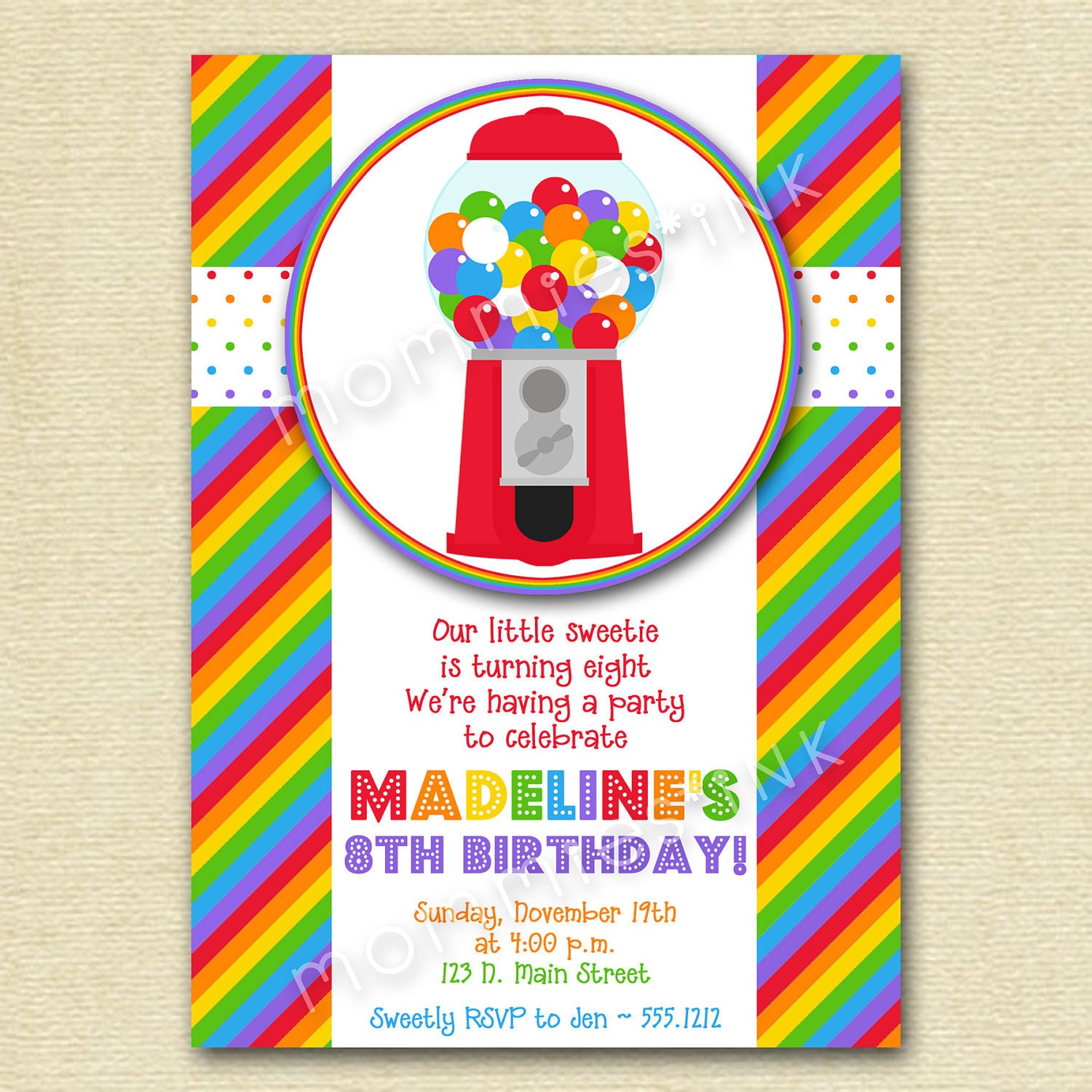 Rainbow Bubblegum Birthday Party Invite - PRINTABLE INVITATION DESIGN Il_570xn