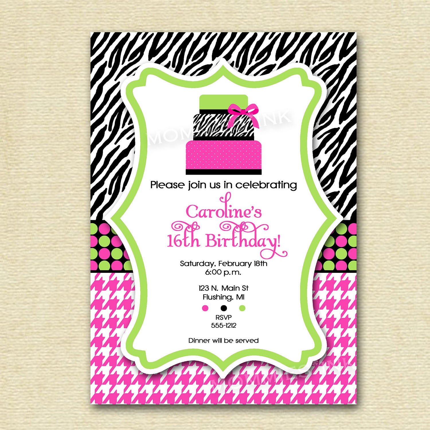 Hot Pink and Lime Green Zebra Print Cake Birthday Party Invitation - Other colors available - PRINTABLE INVITATION DESIGN Il_570xn