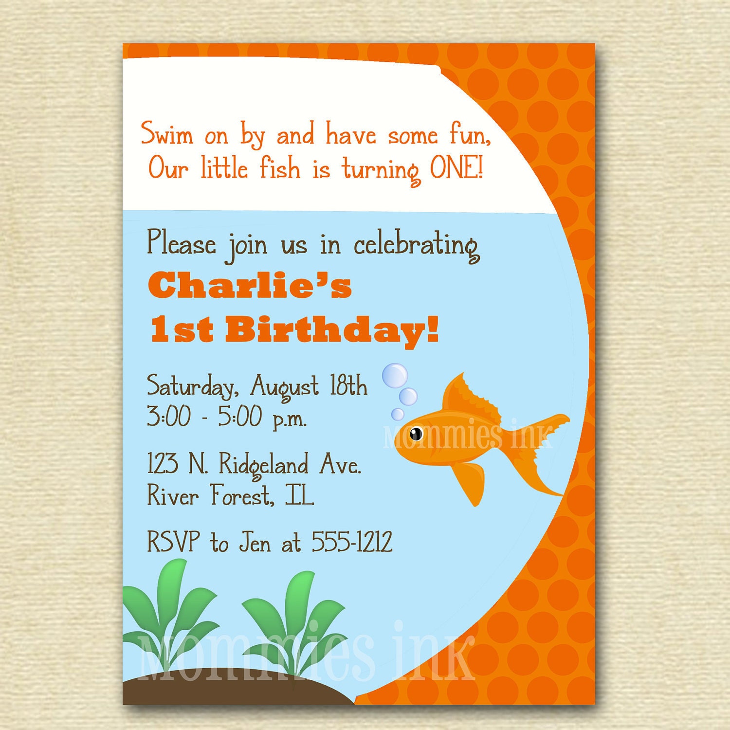 Orange Goldfish Birthday Party Invite - PRINTABLE INVITATION DESIGN Il_570xn