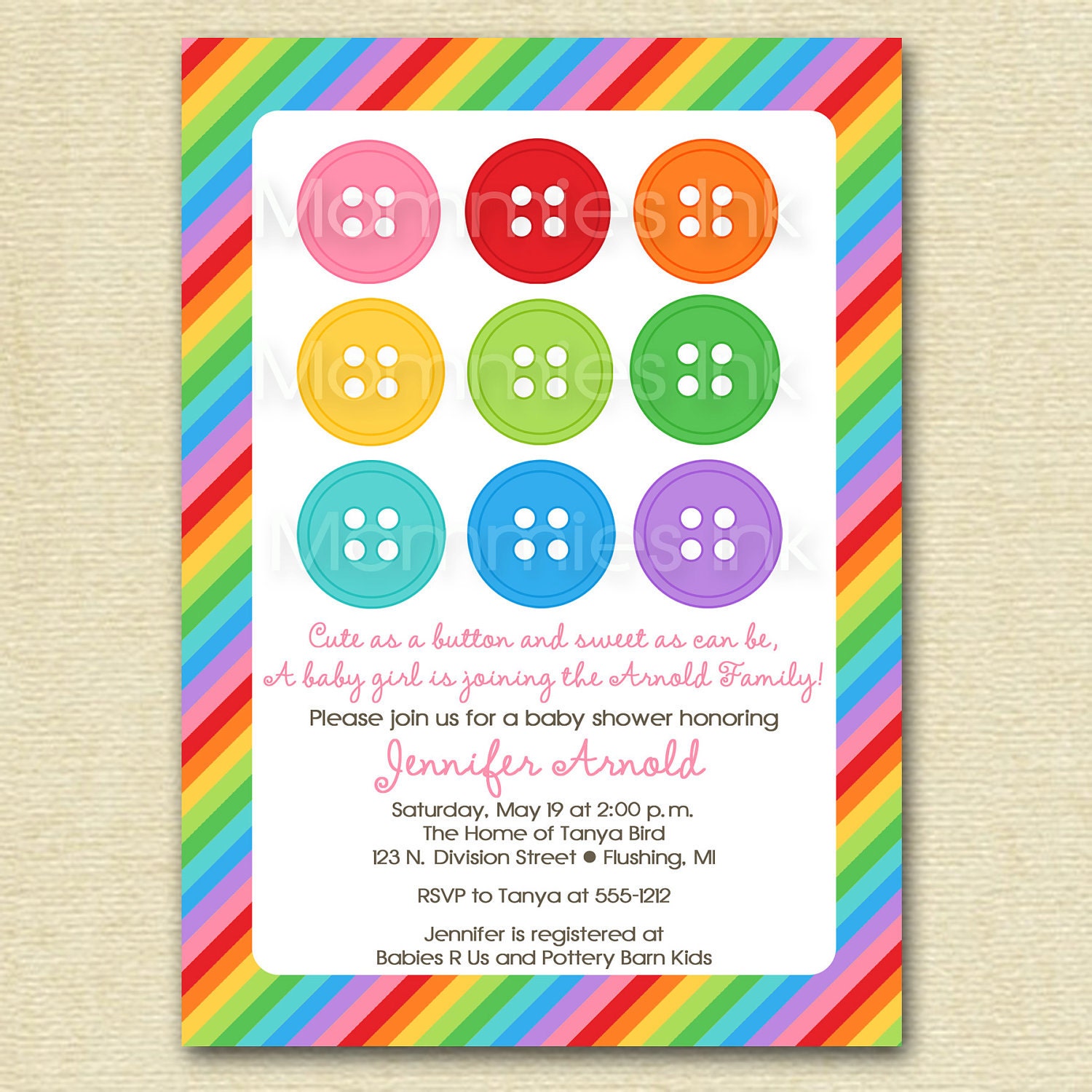 Rainbow Cute as a Button Baby Shower Invitation - PRINTABLE INVITATION ...