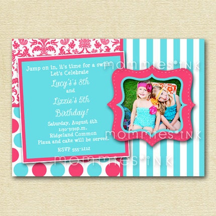 Mod Pink and Turquoise Kaledioscope Custom Photo Birthday Invitation - PRINTABLE INVITATION DESIGN Il_570xn