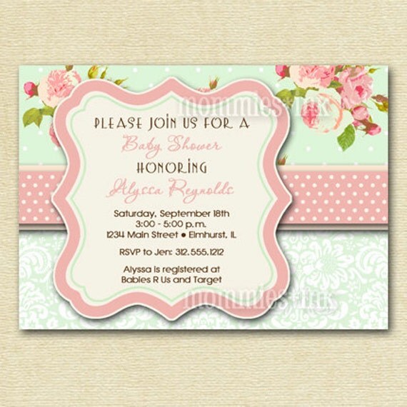 Shabby Chic Pink Roses and Mint Green Polka Dots Baby Shower Invite - PRINTABLE INVITATION DESIGN Il_570xn