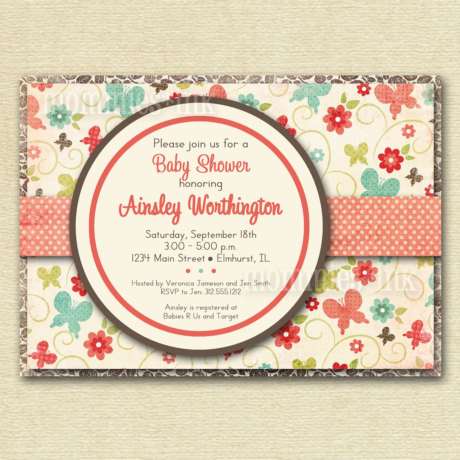 Shabby Chic Butterflies and Flowers Baby Shower Invite - Brown Coral Turquoise - PRINTABLE INVITATION DESIGN Il_570xn