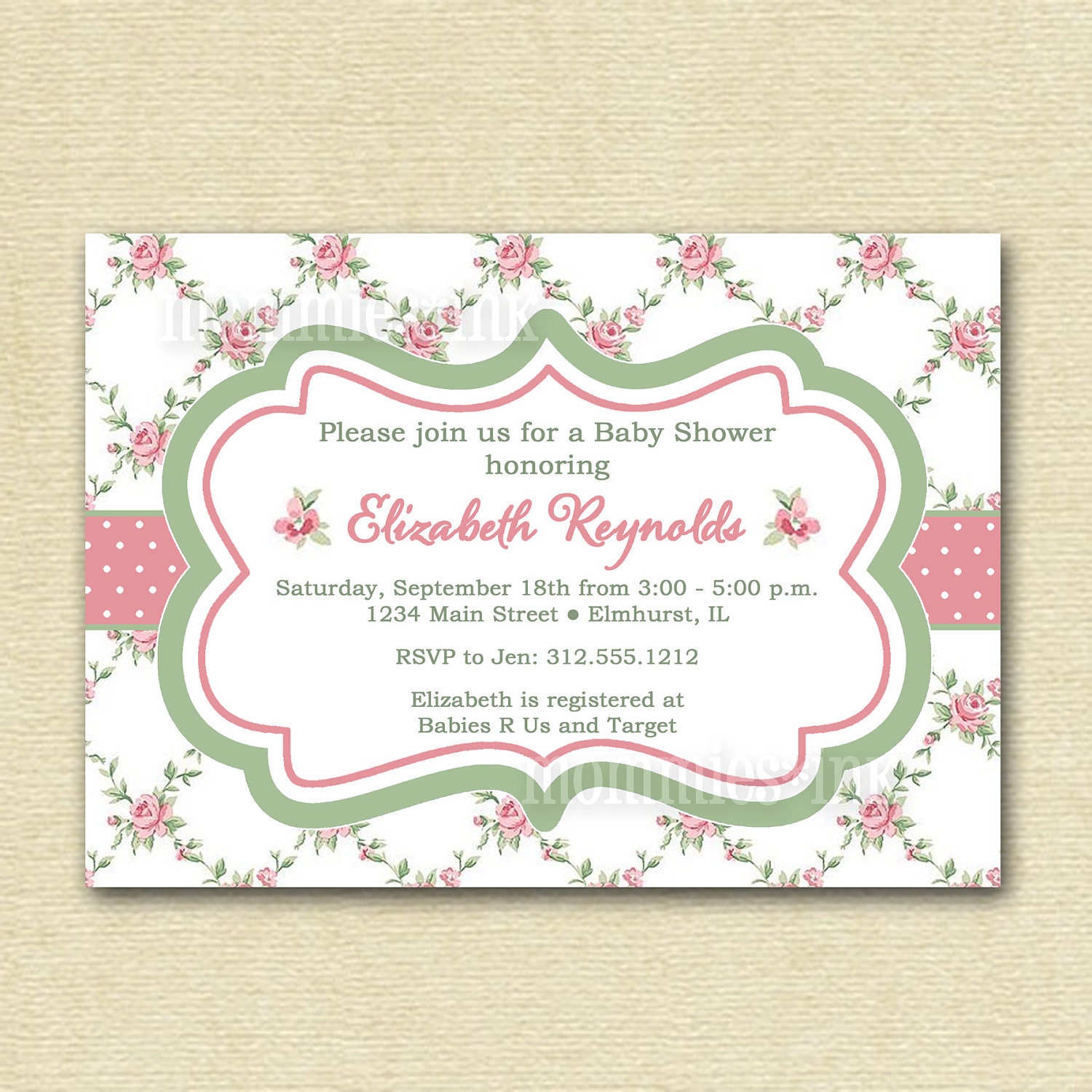 Shabby Chic Pink Cottage Roses Baby Shower Invite - PRINTABLE INVITATION DESIGN Il_570xn