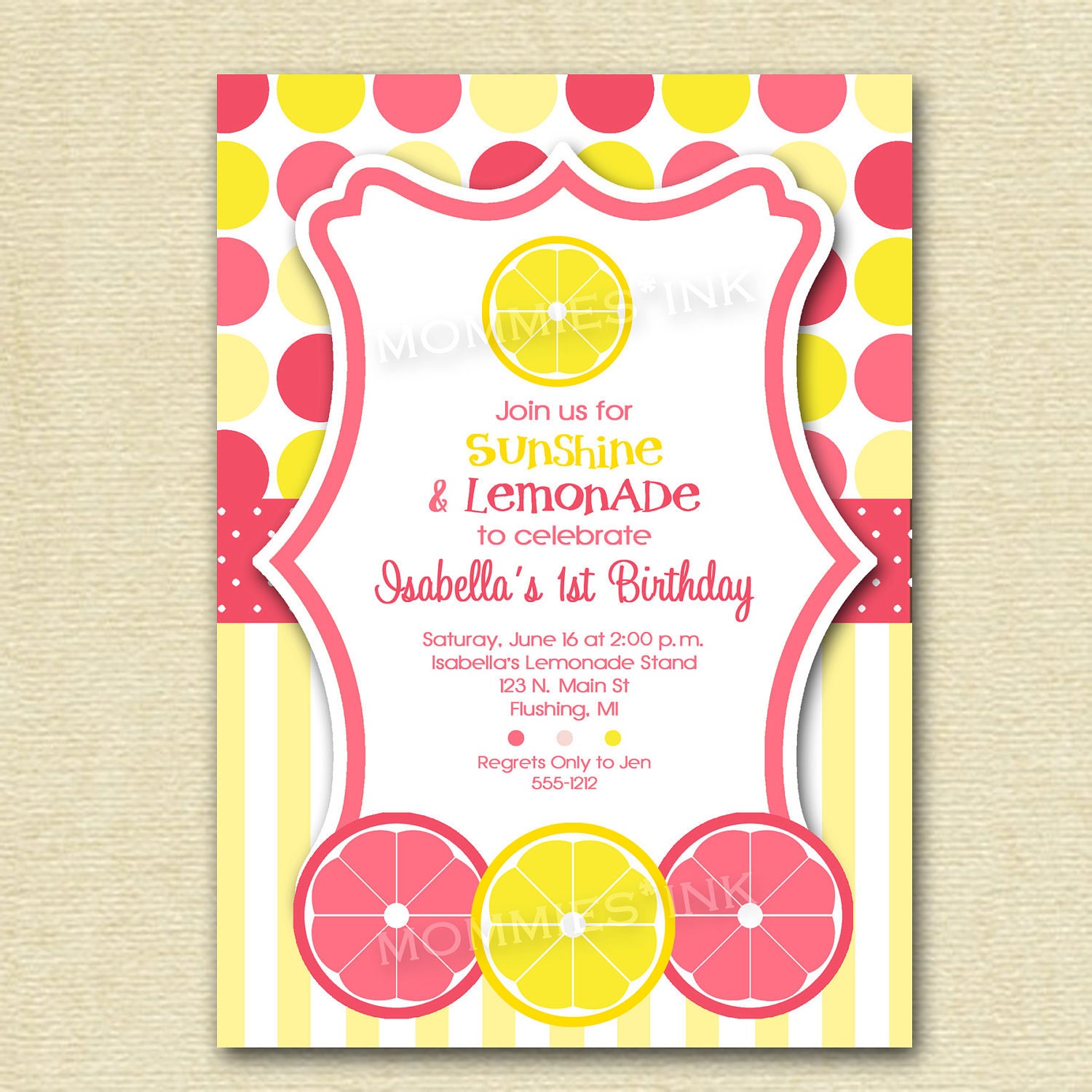Pink Lemonade Citrus Polka Dot and Stripes Birthday Party Invitation - PRINTABLE INVITATION DESIGN Il_570xn