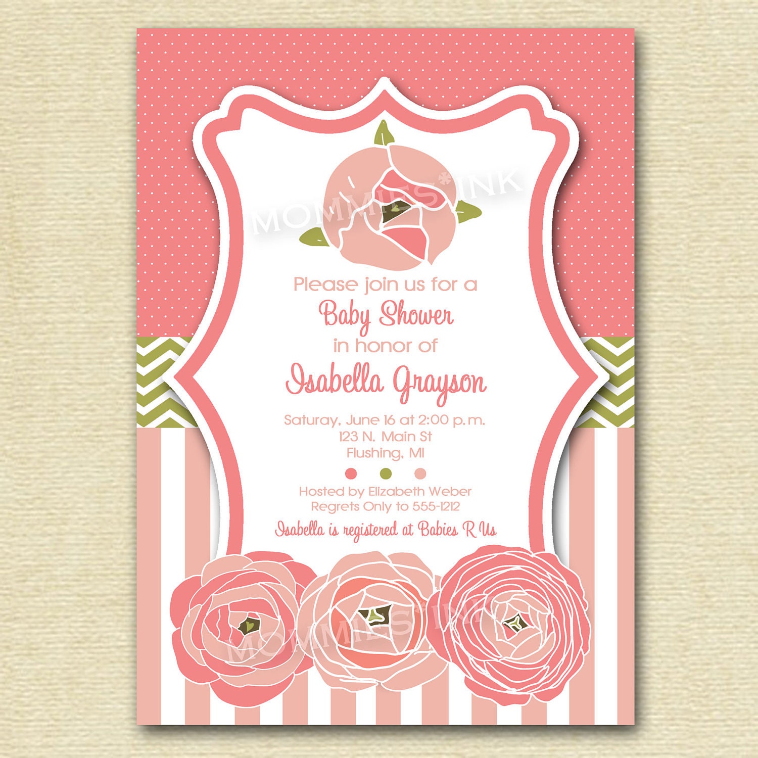 Peach Peony Blossoms Baby Shower Invitation - PRINTABLE INVITATION DESIGN Il_570xn