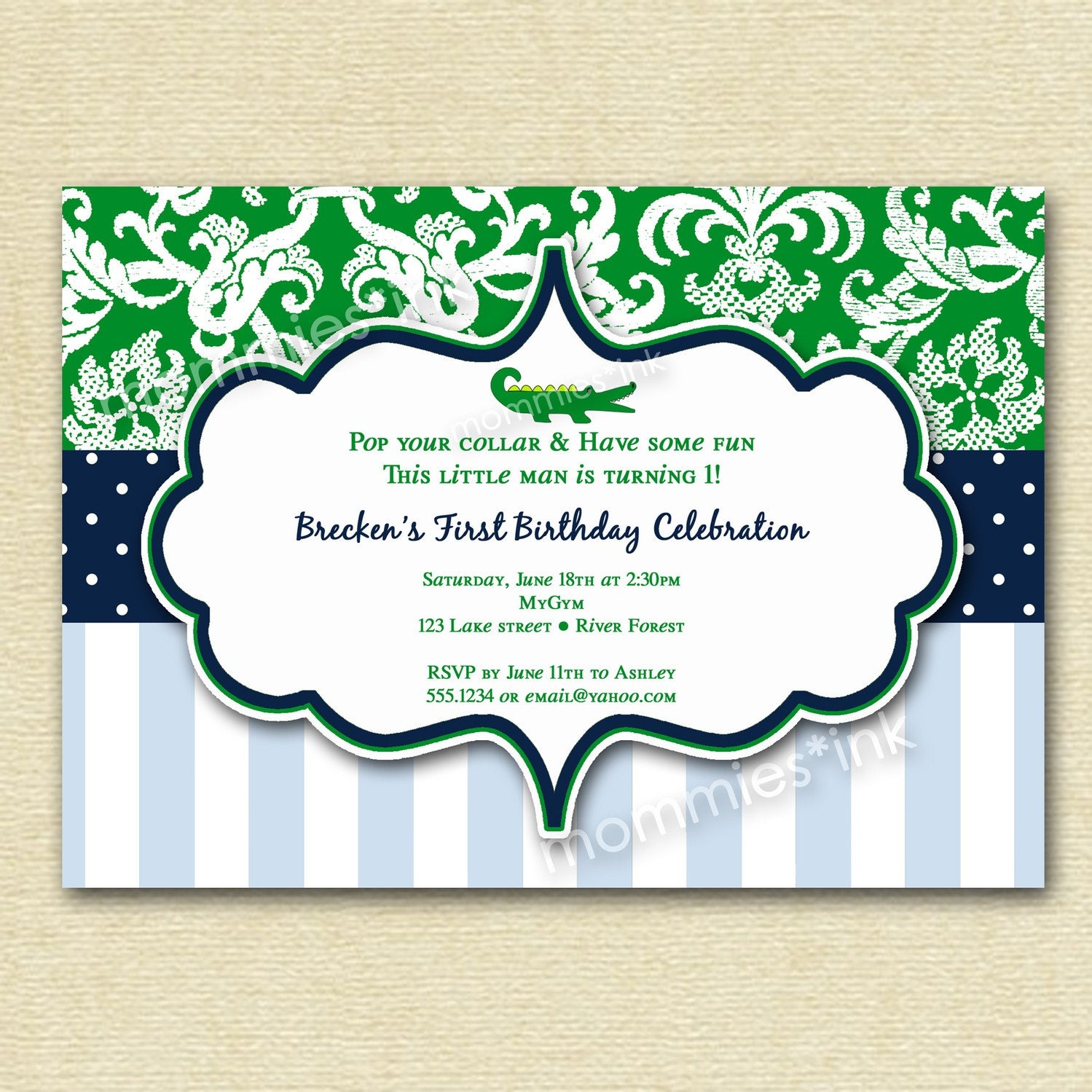 Preppy Gator Birthday Invitation -  PRINTABLE INVITATION DESIGN