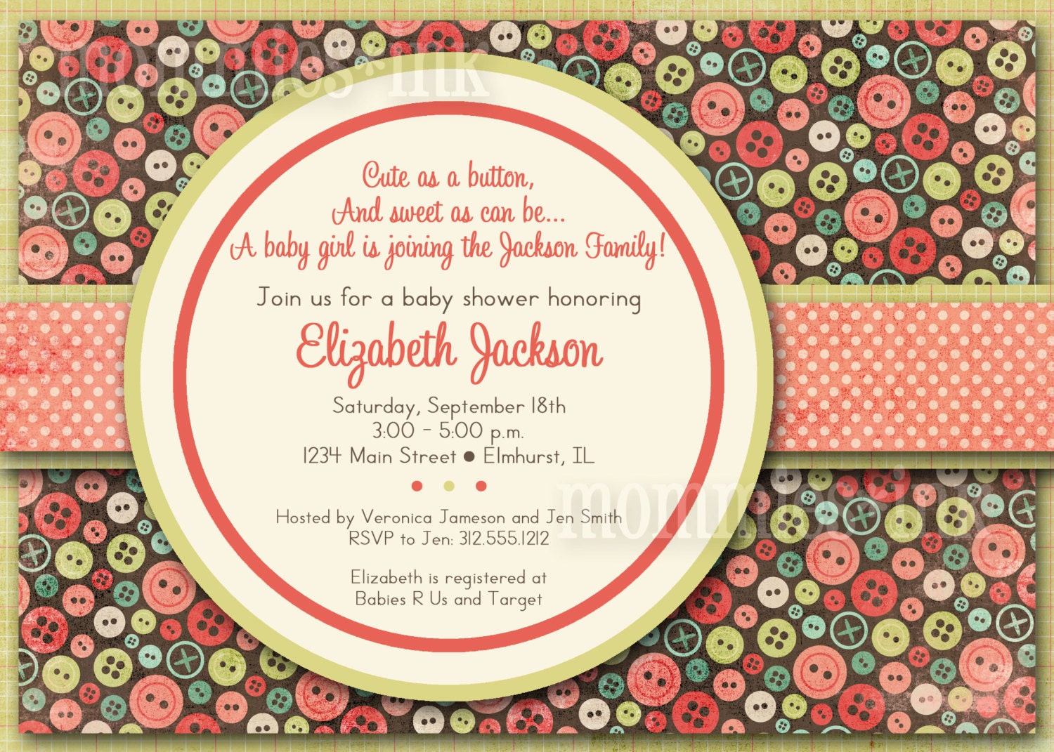 Shabby Chic Cute as a Button Baby Shower Invite - Brown and Coral - PRINTABLE INVITATION DESIGN
