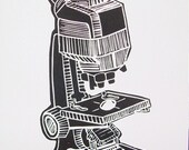 Blank Card- Vintage Microscope- Original Linocut Print- 5 x 7 inch