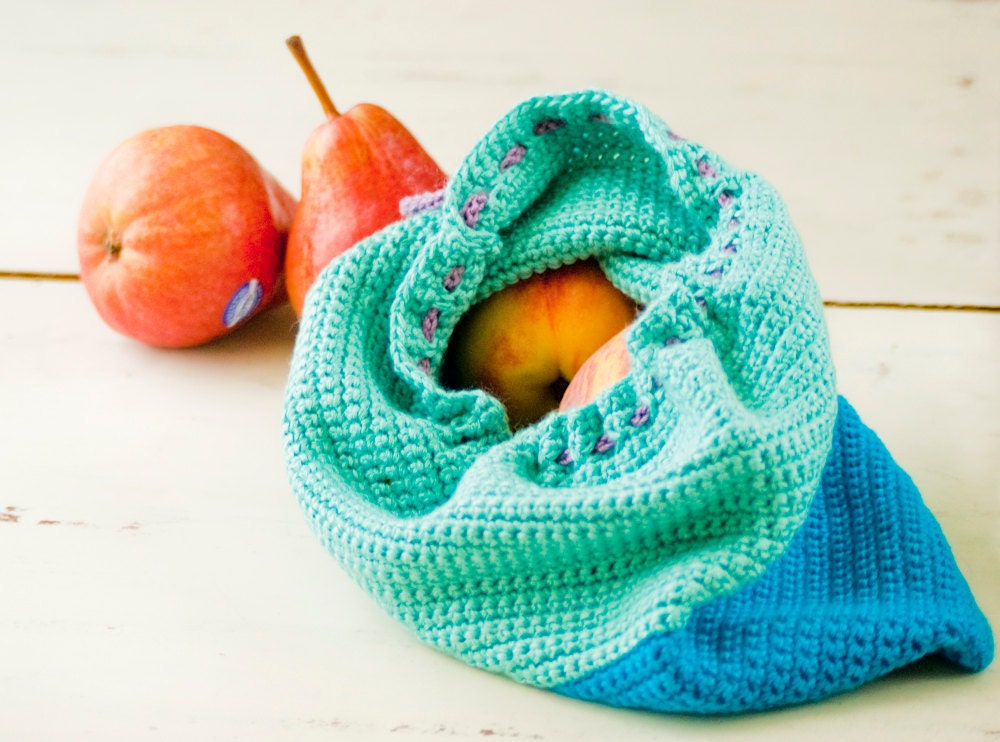 Crochet cotton bag, small drawstring bag, produce bag, blue and aqua