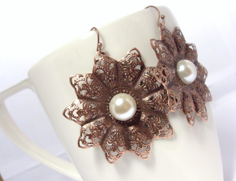 Antiqued Copper Filigree Flower Earrings with Pearl Cabochons, Rustic Vintage style Wedding, Bridal Bridesmaid earrings, Mother's day gift