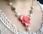 Romanticism Pink Rose and White Glass Pearls Antiqued Brass Necklace, Wedding Bridesmaids Jewelry, Holiday birthday Mother's day gift