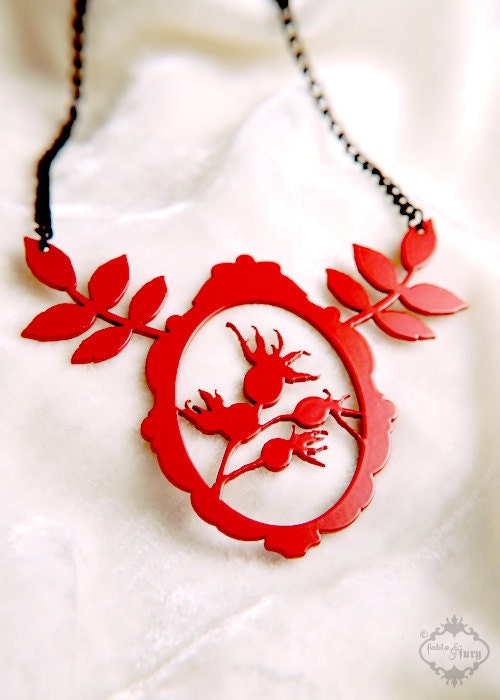 Silhouette Leaf Statement Necklace in red stainless steel - rose hips and leaves - statement jewelry