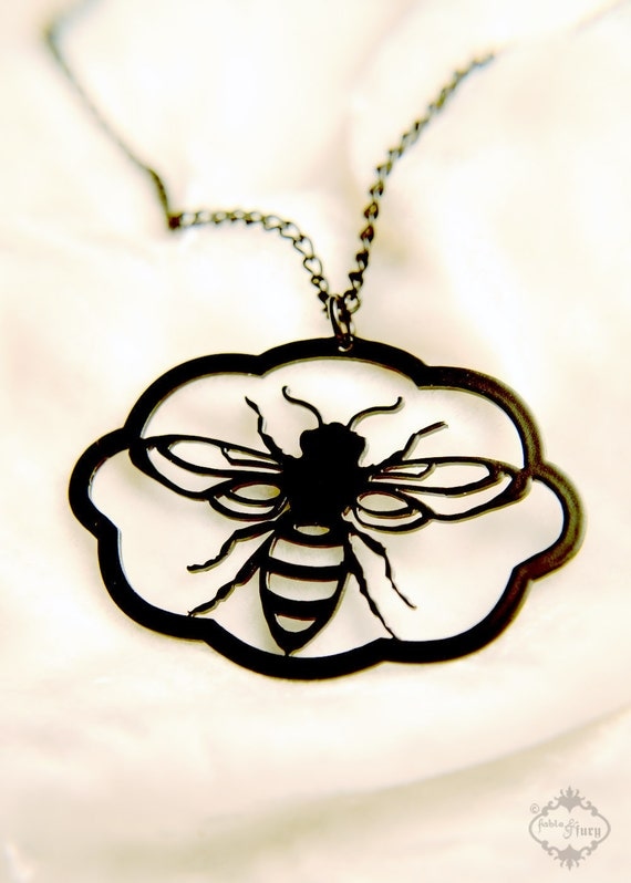 Honey Bee necklace in black stainless steel - insect jewelry