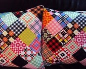 Throw pillows black pink red blue green yellow orange Trendy 60s groovy patchwork Cushion shams black gorgeous fabric Two  16 x 16 handmade