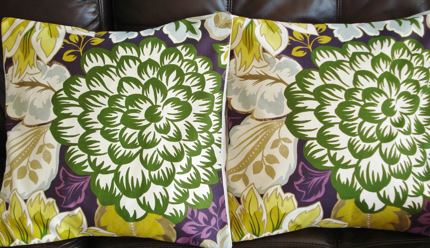Decorative Pillow Green purple yellow blue flower leaf Design UK fabric two 18 x 18  inch pillows