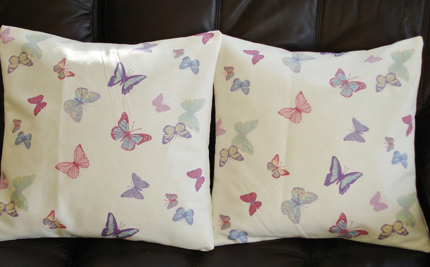 Throw pillows butterflys spring purple pink green blue lilac design cushion cover shams UK Designer fabric Two 18 x 18 inch handmade