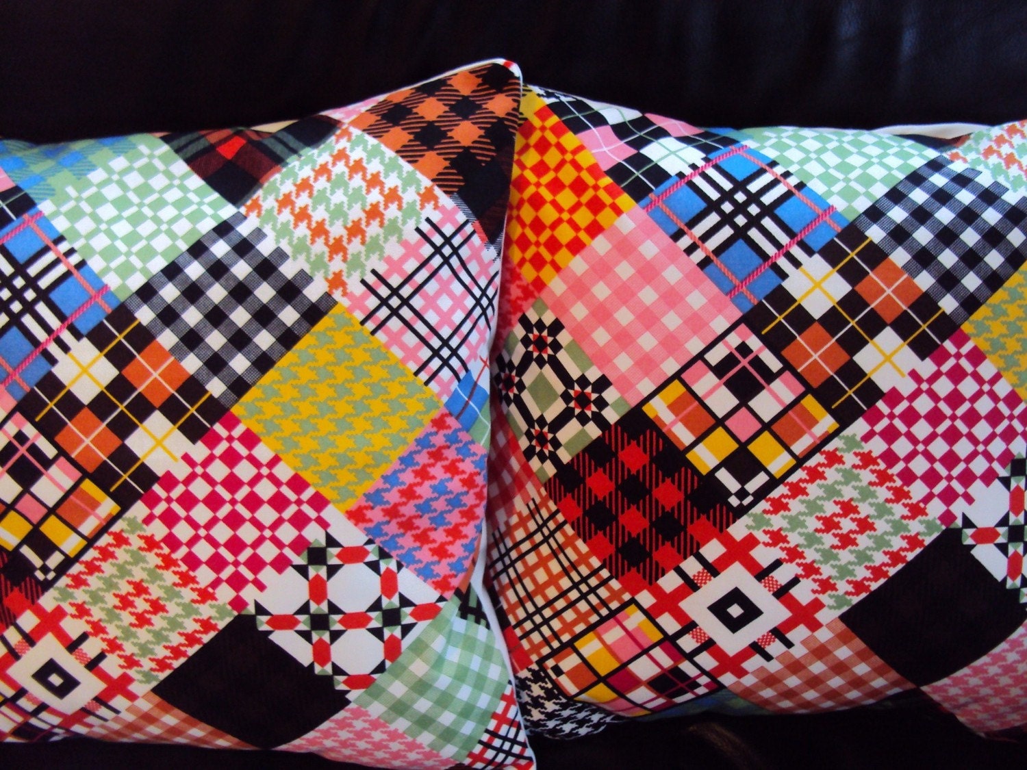 Throw pillows 60s groovy patchwork black pink red blue green yellow orange Trendy Cushion shams black gorgeous fabric Two  16 x 16 handmade