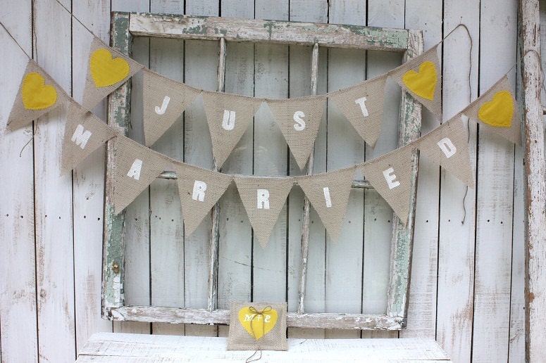 Just Married Banner with matching ringer bear pillow with your initials