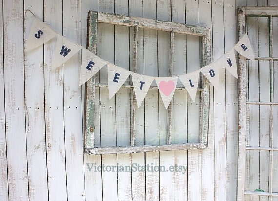 Sweet Love banner with navy blue font and pink fabric heart