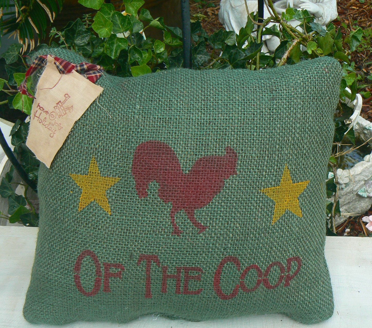 OF THE COOP Red Rooster on Green Burlap Primitive Pillow