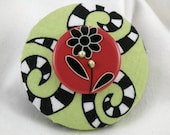 Fun and Funky Green, Black and Red Button with Green Freshwater Pearls Brooch 2