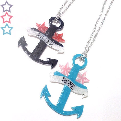 Anchor Necklace with Stars - choose from Faith or Hope, Navy or Turquoise.... Nautical Sailor Pendant
