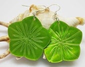 Green Flower Earrings - Shell - Mother of Pearl - Lime Green Earrings - Floral - Dangle