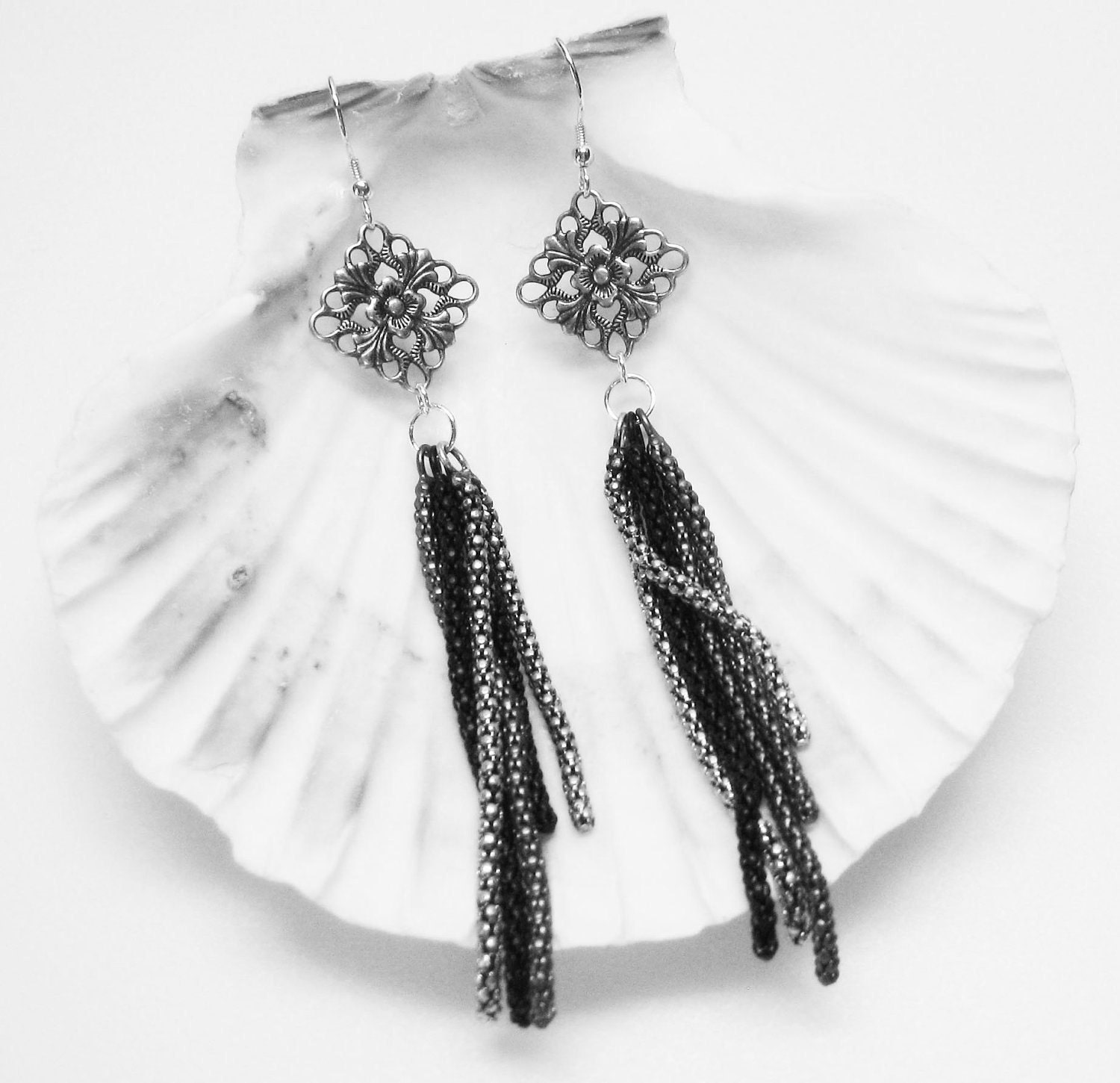 Long Silver Dangle Earrings - Antique Silver - Silver, Black, Grey Chain