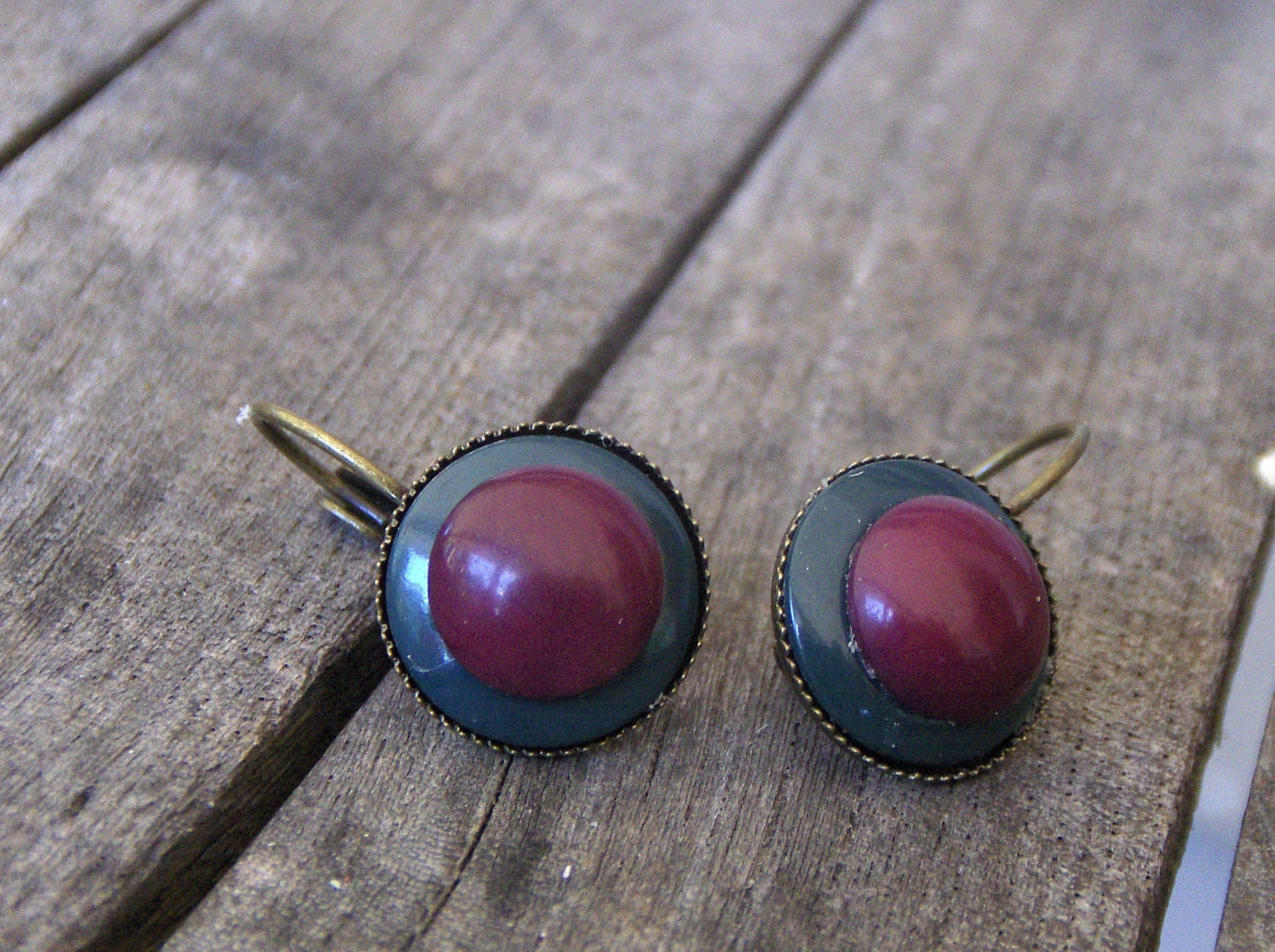 5 Dollar Super CLEARANCE SALE - Rose and thistle. Vintage Upcycled Red Ivory and Forest Green Lucite Button earrings.
