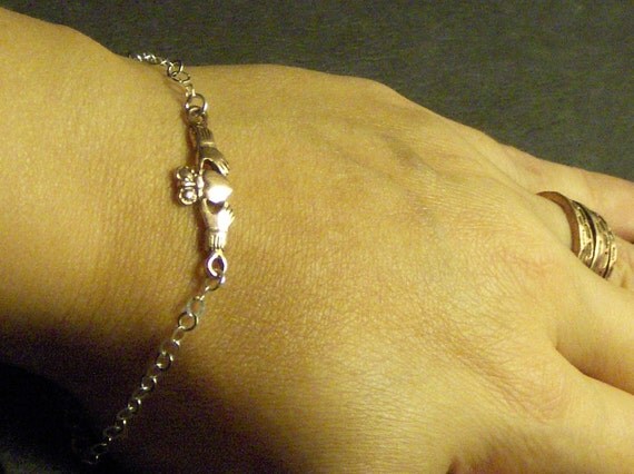 14K Russian Red Rose Gold Claddagh and Sterling Silver Bracelet. Wedding promise engagement