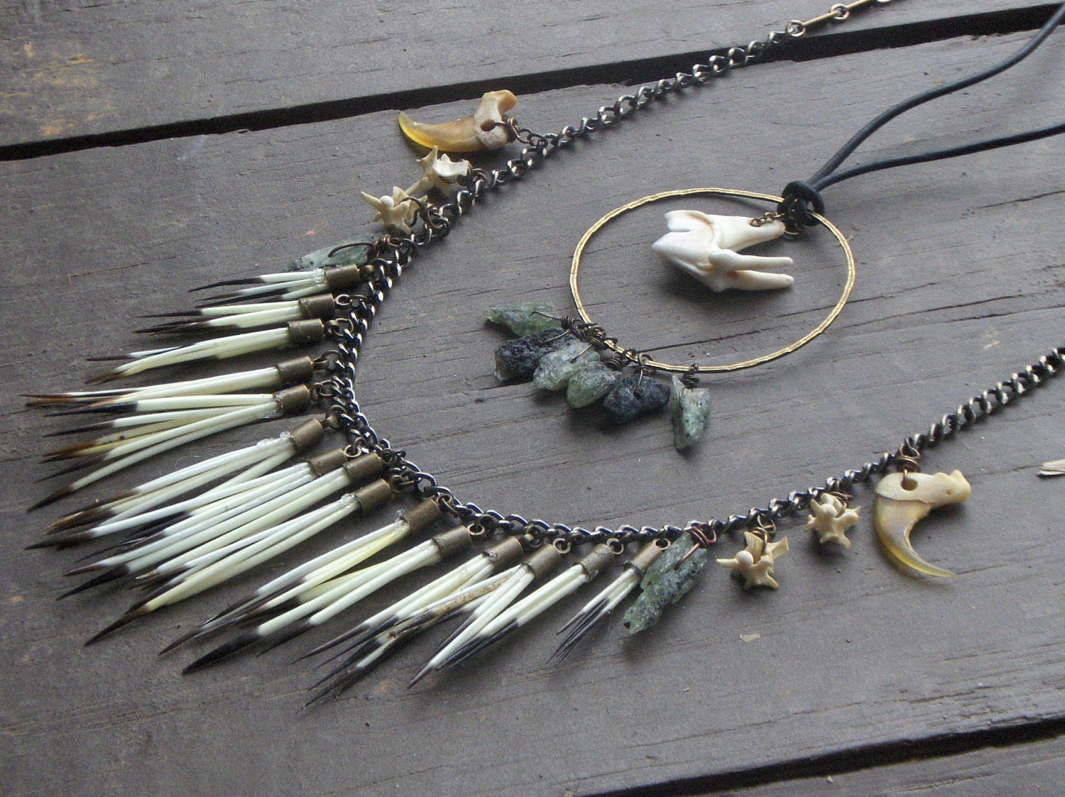 The Shapeshifter of Fairborn Mire. Porcupine Quill fringe, snake bone, genuine lynx claws, green Kyanite, wolf molar- dual necklace ensemble