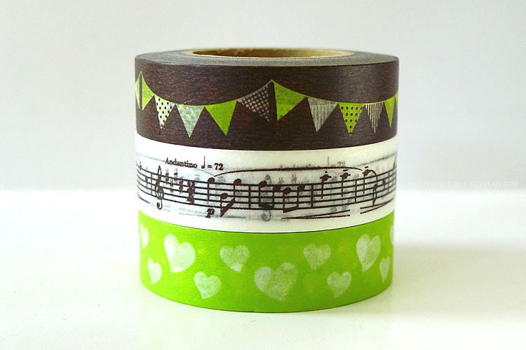Party Time Japanese Washi Tape - Brown Garland, Music Note, Green Heart - Set of 3