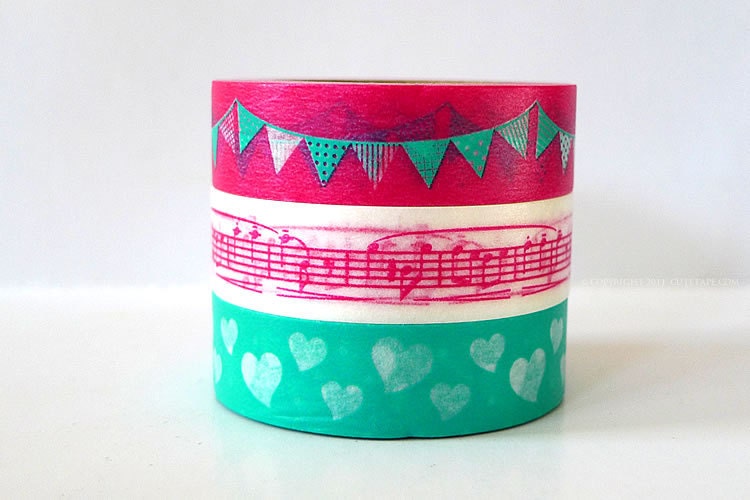 Party Time Japanese Washi Tape - PINK Garland, Music Note, Turquoise Heart - Set of 3