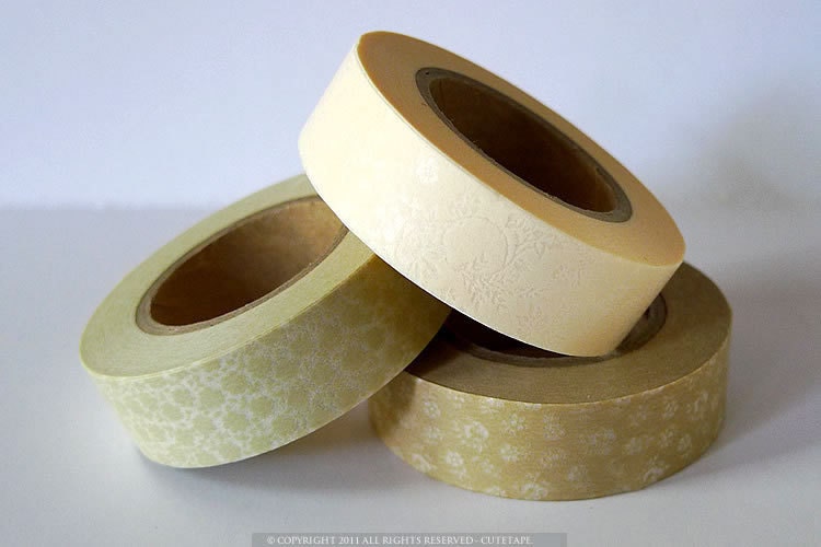 Off White Wedding Decor Floral Japanese Paper Washi Tape with Beige, Champagne Set of 3