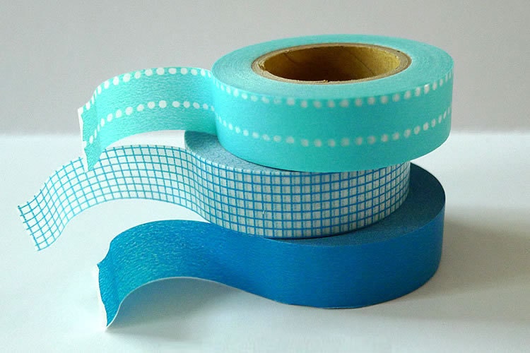 Masking Tape BLUE Japanese Washi Tapes  - Dot Grid Solid Set of 3 for gift wrap and decorations