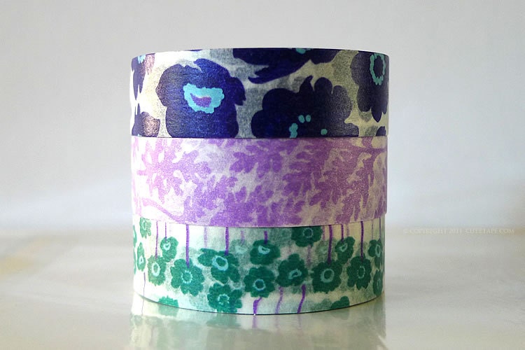 Poppy Flower Washi Tape Navy Poppy Print, Purple Leafe, Teal Poppy masking tapes - Set of 3 PrettyTape 117ft total