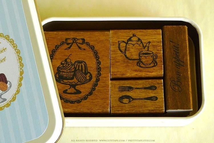 Cute TEATIME Cupcake Tea Fork Spoon Japanese Rubber Stamp Set of 4