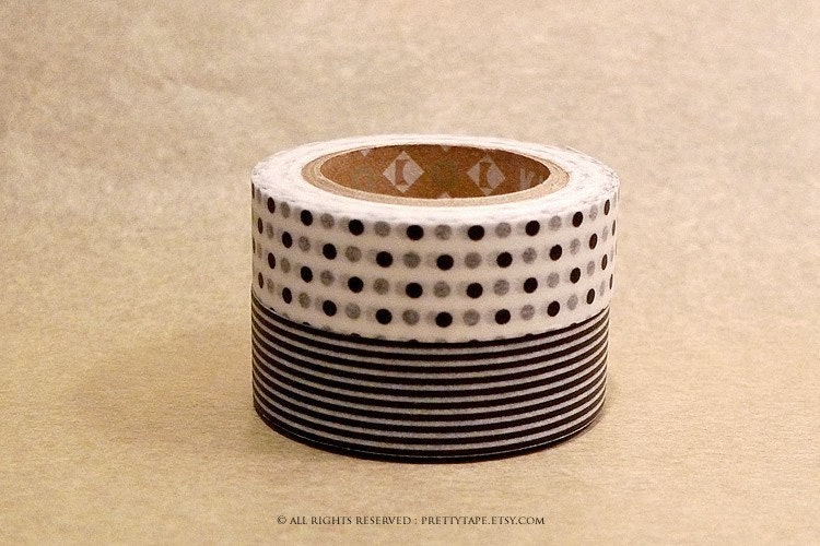Black and White stripe dots Modern Japanese Masking Washi Tapes Set of 2 - from PrettyTape