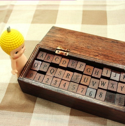 42 Antique Style Alphabet and Number Wooden Rubber Stamps Set ( DISCOUNTED )