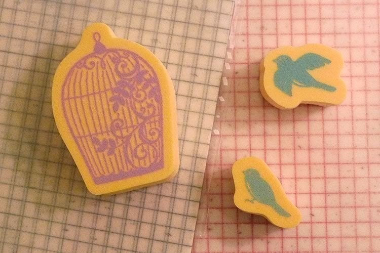 Bird Birdcage Rubber Stamp Set of 3