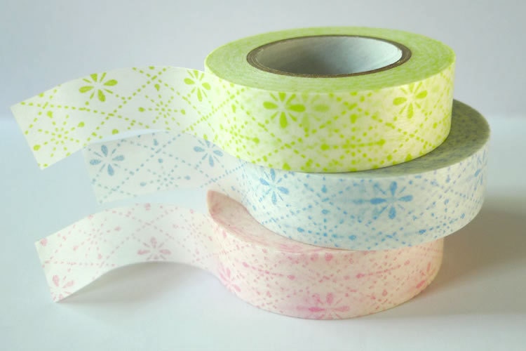 Flower Stitch Pink Blue Green Japanese Washi Tape Set of 3 packaging and gift wrap