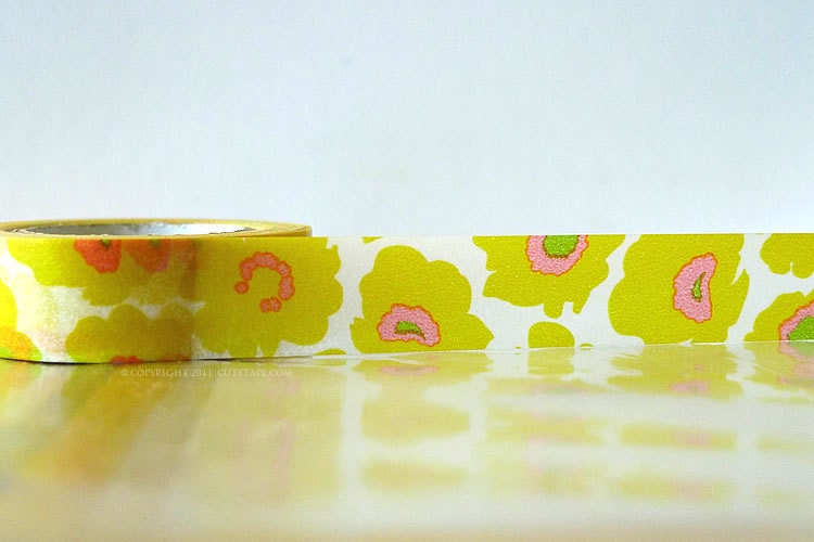 Japanese Washi Tape Yellow POPPY, Green Leaves, Pink Poppy Flowers masking tapes - Set of 3 PrettyTape