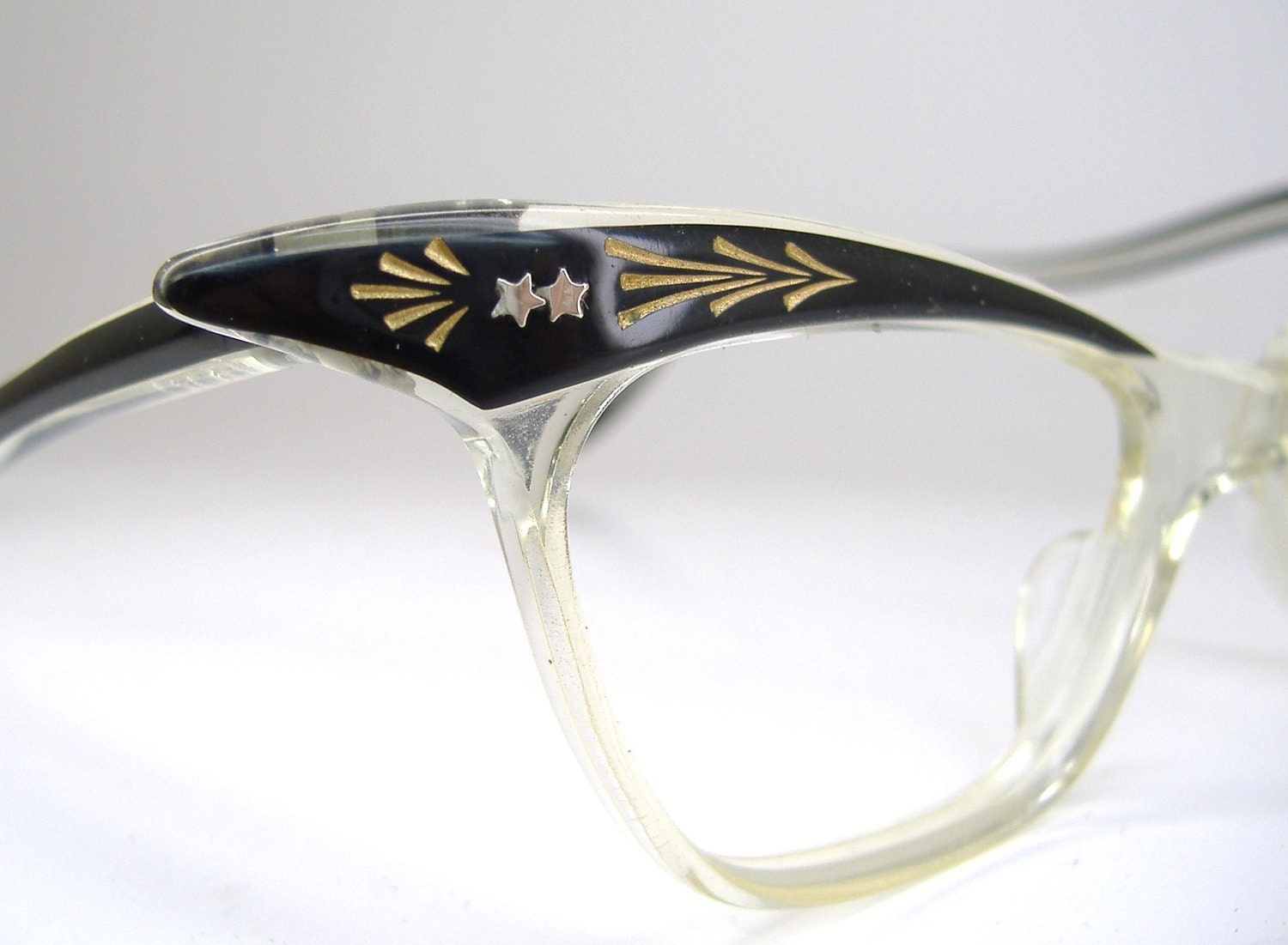 Vintage Black Clear Winged Cat Eye Eyeglasses Eyewear Frame NOS
