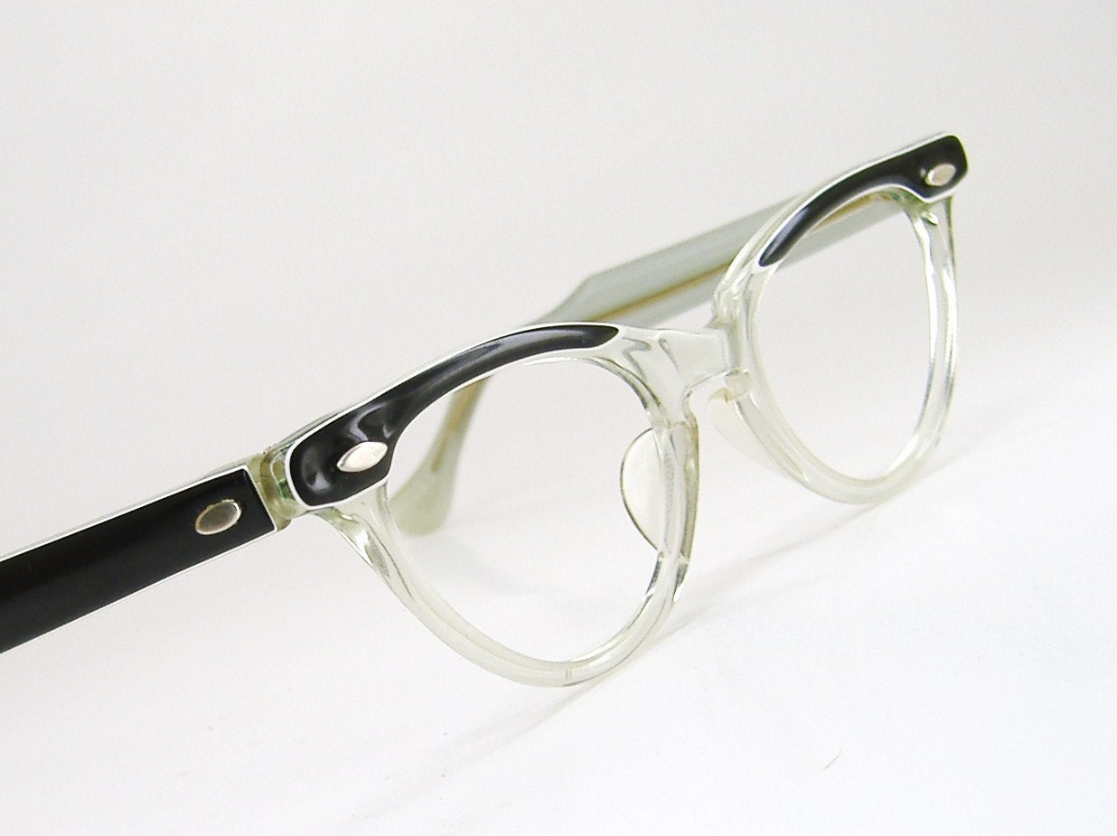 Vintage1960s Clear With Black Accents And Temples Horn Rim Cateye Eyeglasses Eyewear Frame SRO
