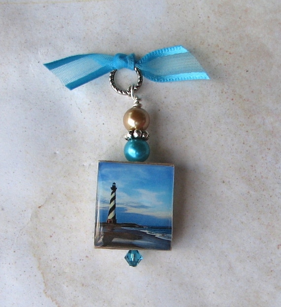 Lighthouse Sandy Beach Scrabble Swarovski Charm Pendant