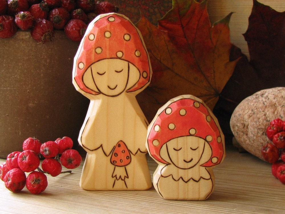 2 FLY AGARIC TOADSTOOL Friends  - wooden carved toy