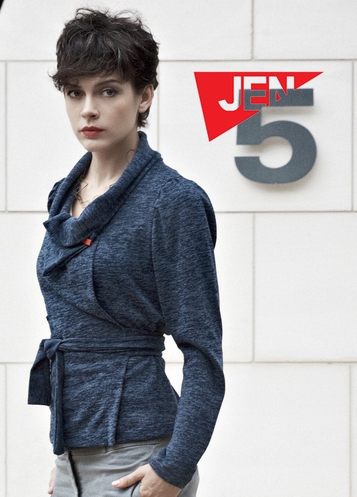 Red label in dark blue wrap sweater elegant and cozy